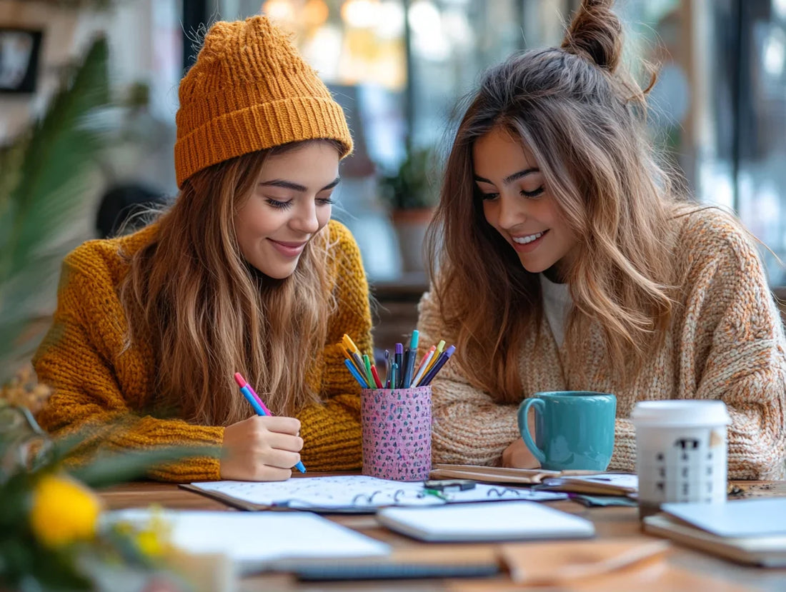 Dos jóvenes latinas sentadas en una acogedora mesa de madera, escribiendo juntas con rotuladores y bolígrafos de colores, rodeadas de cuadernos, washi tapes y tazas de té.