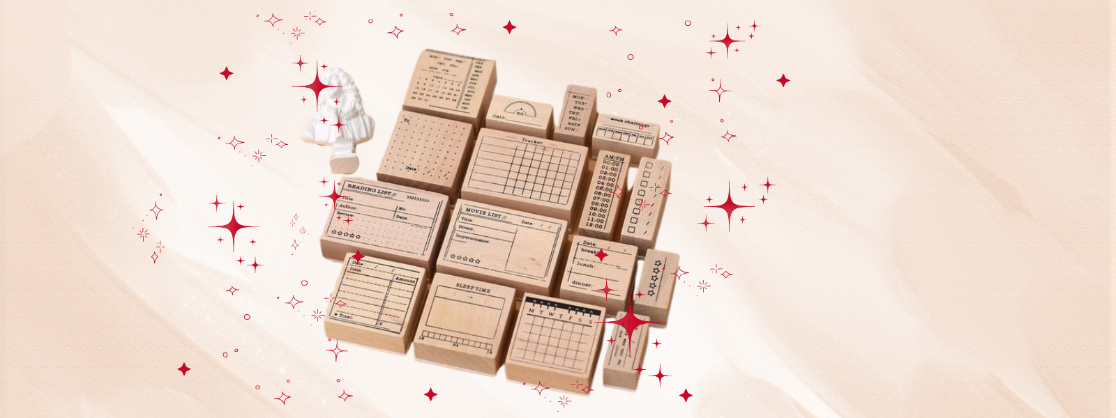 Set de sellos de madera con diseños funcionales como listas, trackers y fechas. Herramientas perfectas para journaling y planificación creativa.