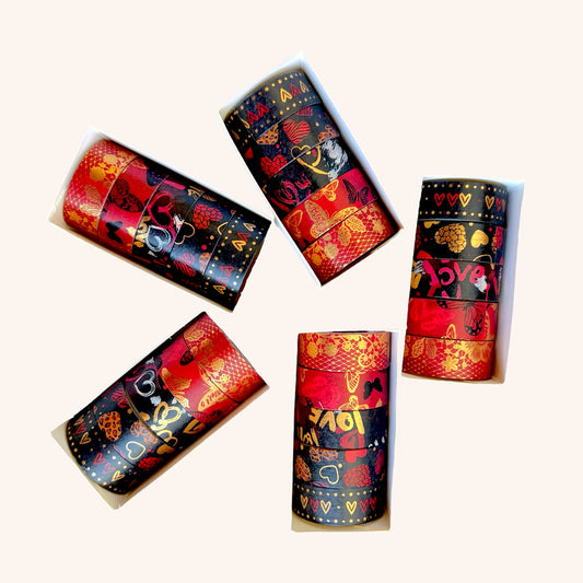 Washi Tape Destellos Love Rojo y Dorado Caja C/5 Rollos